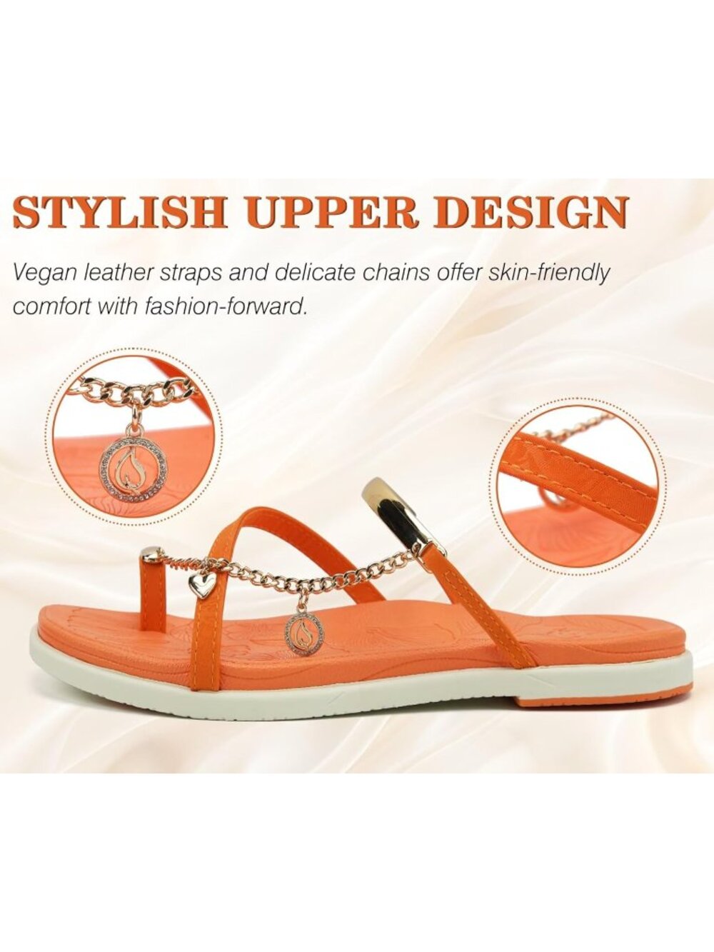 Women Orange White Flat Slides Sandals Toe loop Strappy Square Open Toe Fashion - Picture 3 of 6